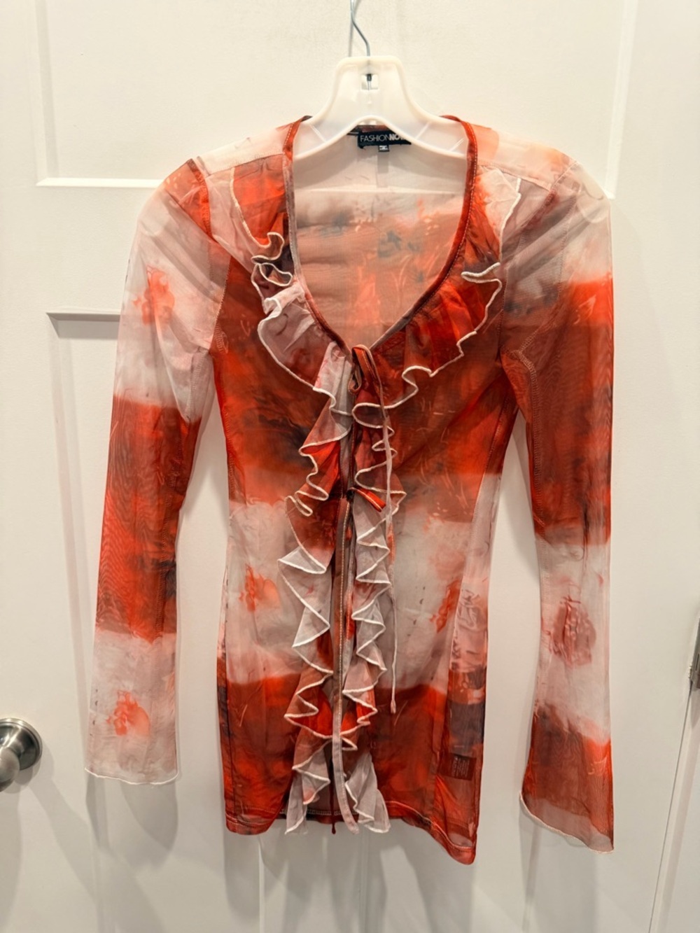Fashion Nova Sheer Mesh Ruffle Top XS Red Tie Front Y2K Long Sleeve